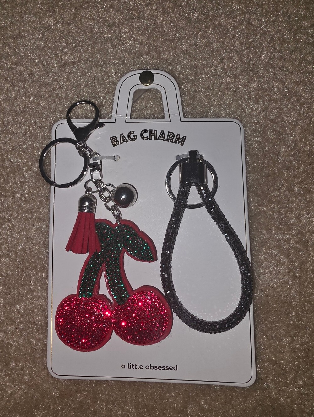 Red Glitter Cherry & Gray Glitter Loop Bag Charm & Key Ring $25 NWT